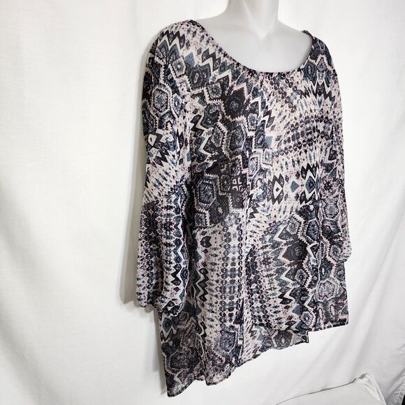 Maurice's Womens Tunic Top Size XL Criss Cross Back Sheer Geometric Hi low Hem - Picture 4 of 10